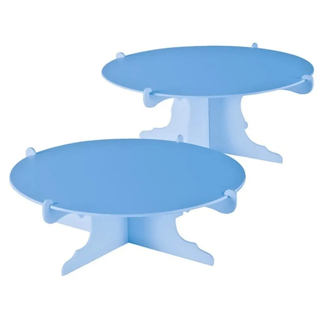 Two blue round dessert display stands with interlocking bases