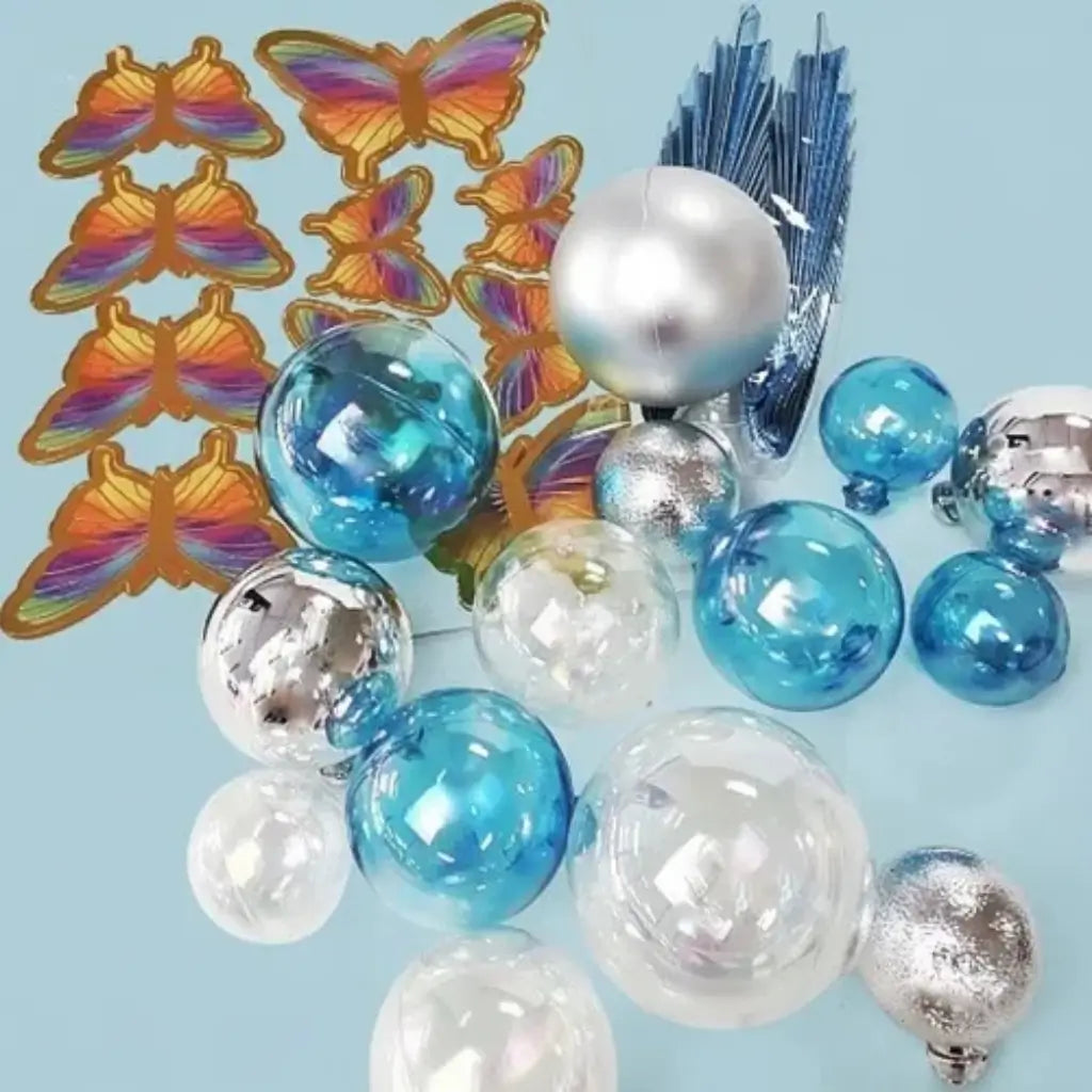 Butterfly Cake Toppers with Blue Silver Decorative Balls