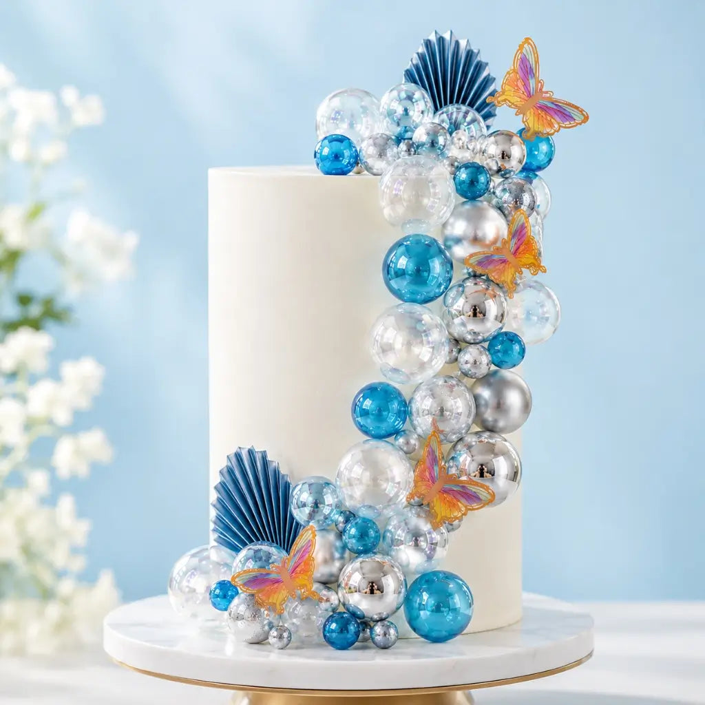 Blue Silver Cake Decorating Kit with Butterflies and Fans