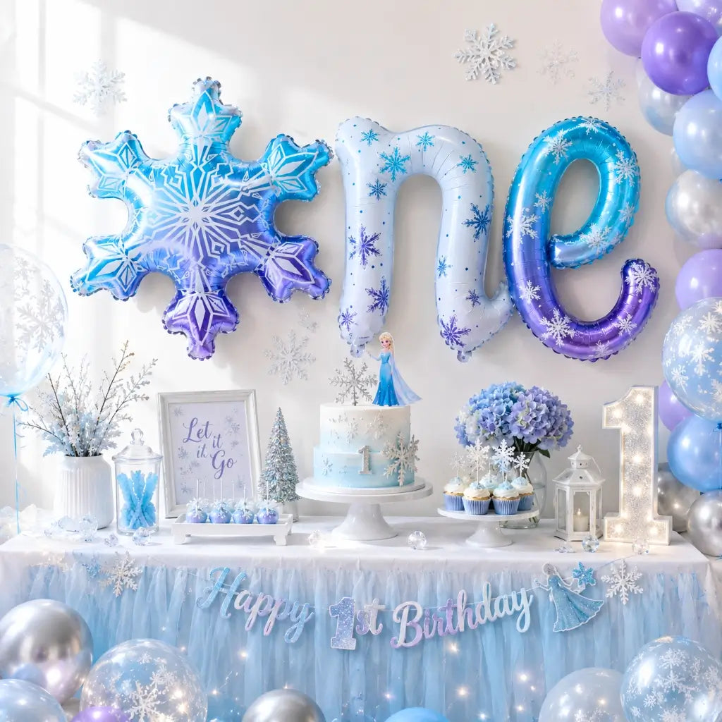 Blue Snowflake One Script Birthday Foil Balloon Banner.