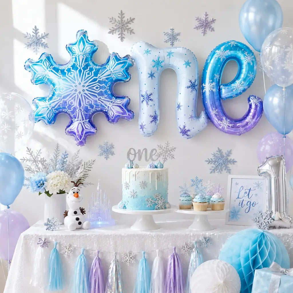 Blue Snowflake One Script Birthday Foil Balloon Banner.