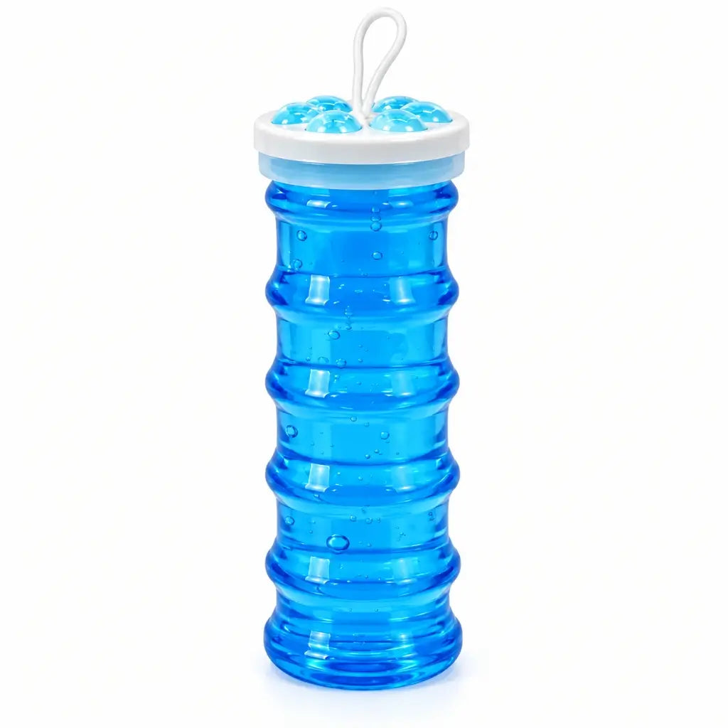 Bright blue transparent crystal slime stretching from a child’s hand