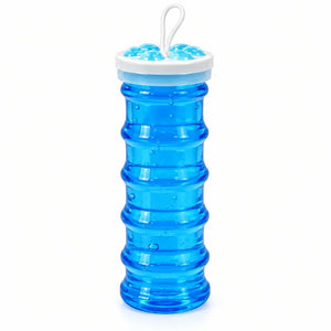 Bright blue transparent crystal slime stretching from a child’s hand