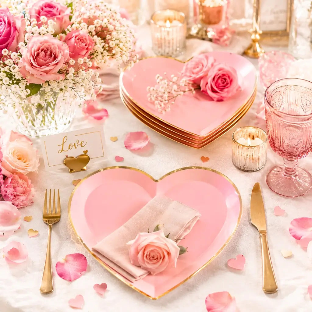 Gold rim blush pink heart paper plates