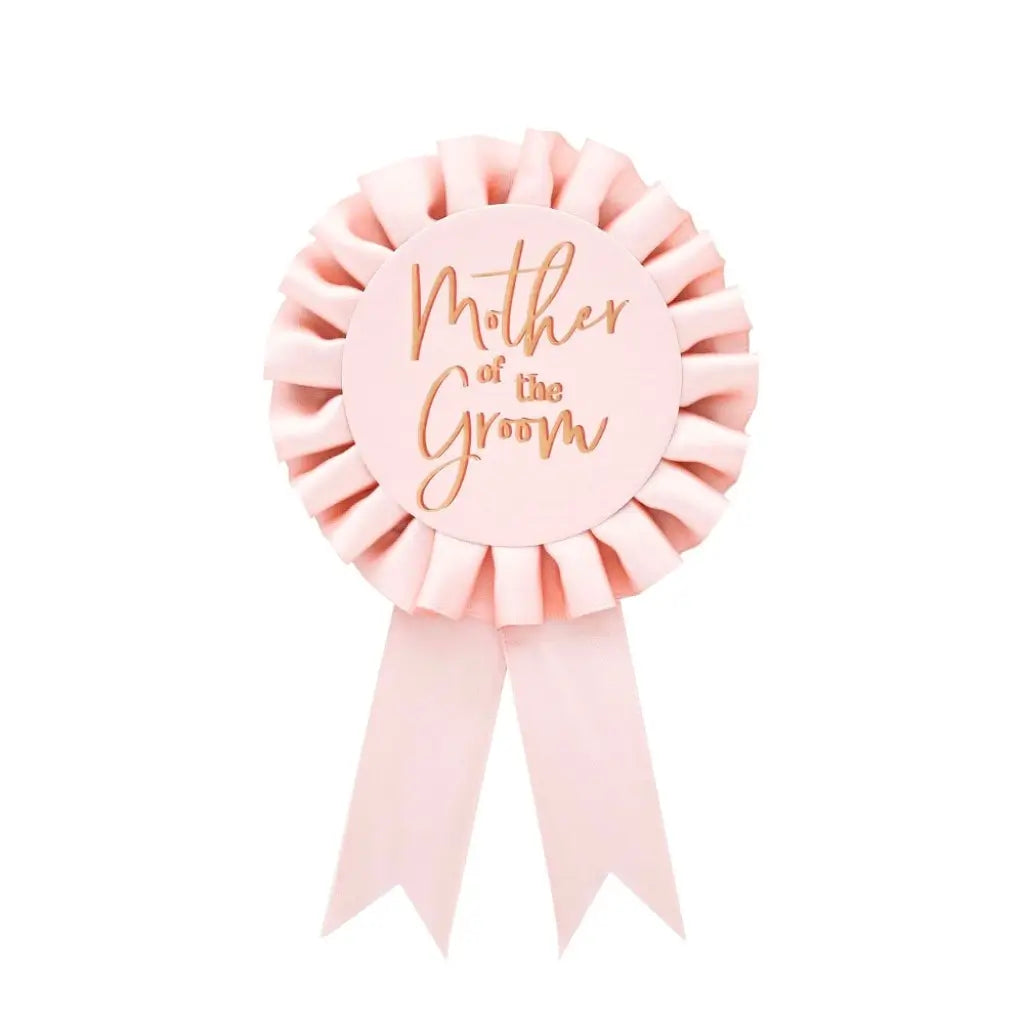 Mother of the Groom blush pink rosette badge with rose-gold details for bridal celebrations