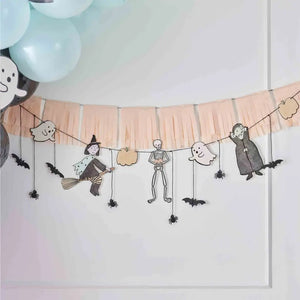 Boo Crew Halloween character bunting with peach tassel fringe garland