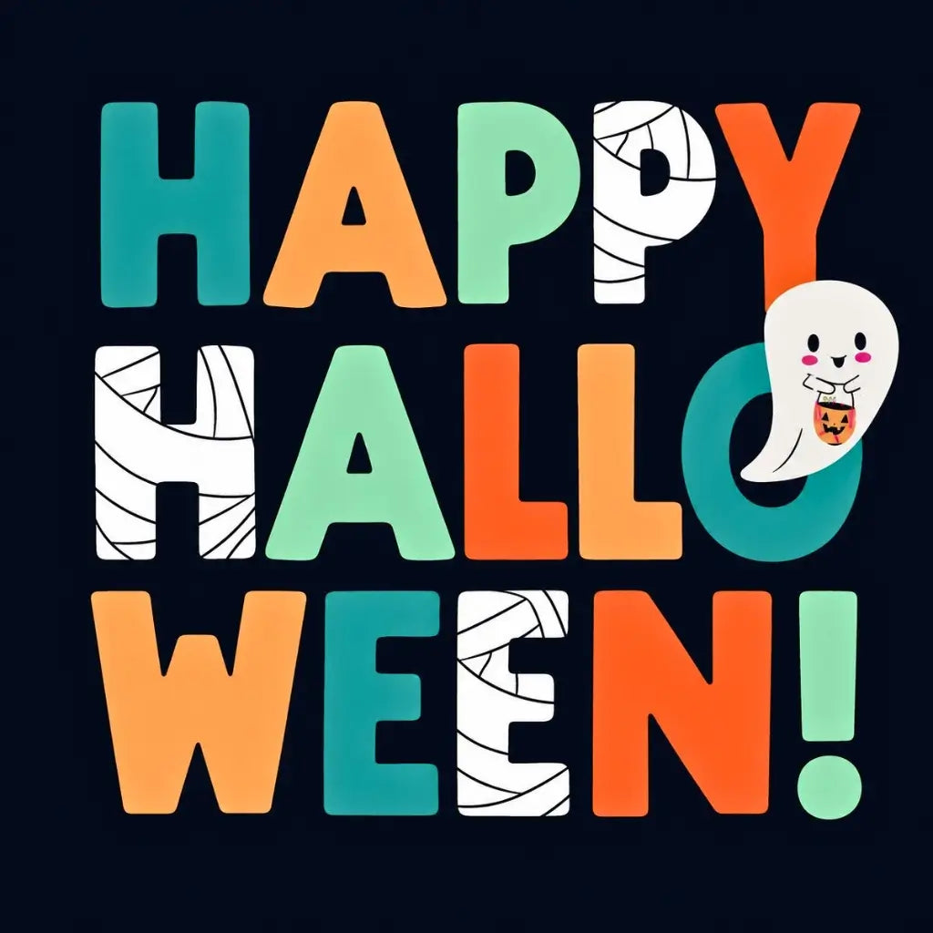 Colourful Happy Halloween paper napkin on a dark navy background