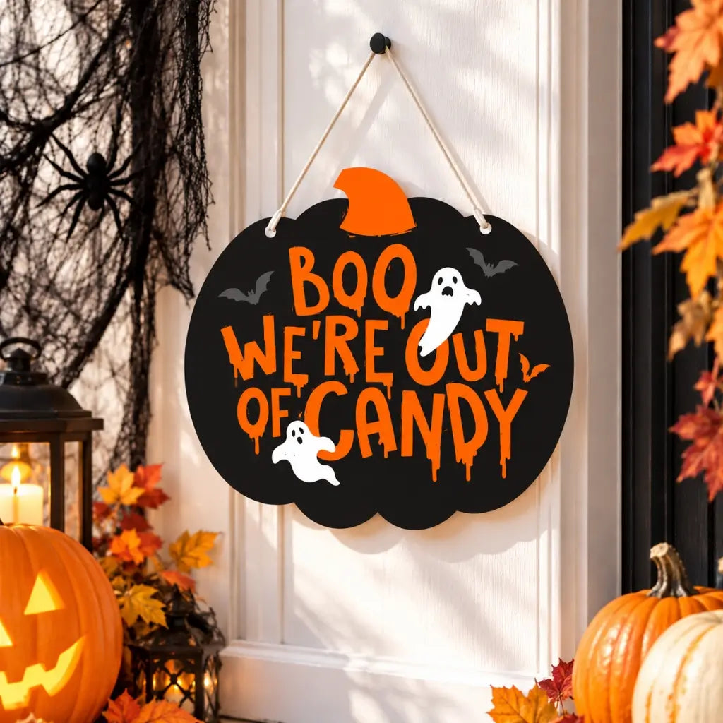 Reversible Halloween front door decoration with attached hanging string