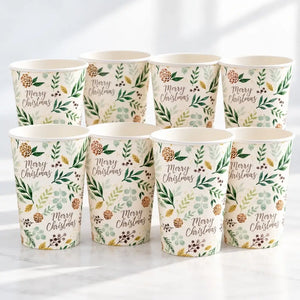 Contemporary botanical Christmas paper cup with festive green foliage