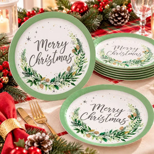 Pack of eight botanical Christmas paper plates with festive foliage
