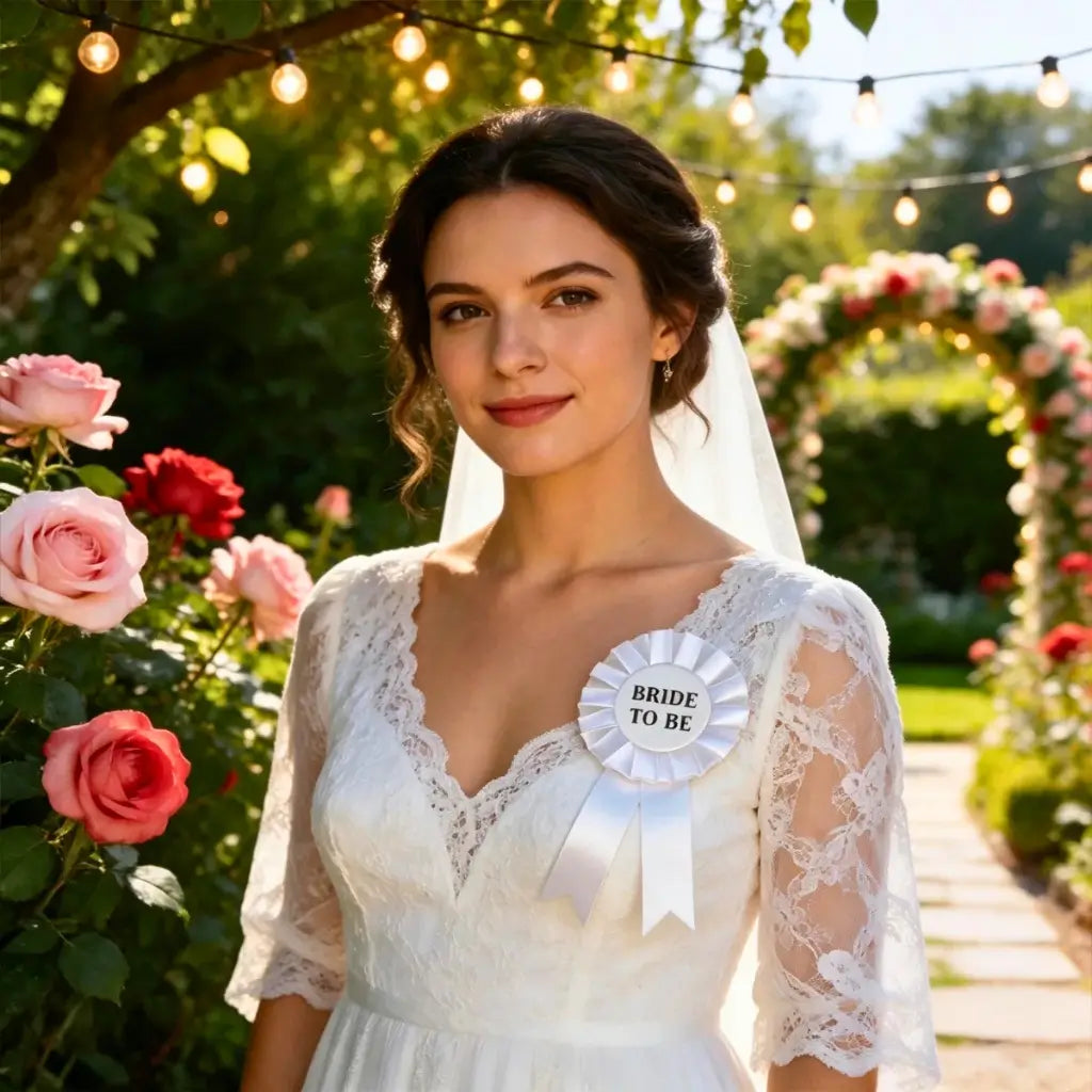Bride To Be white ribbon badge with elegant pleated rosette