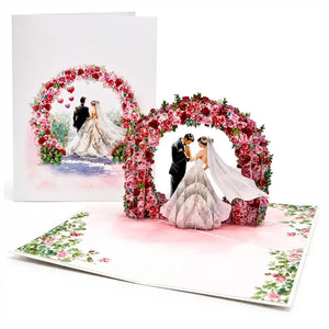 Pink red rose wedding pop up greeting card