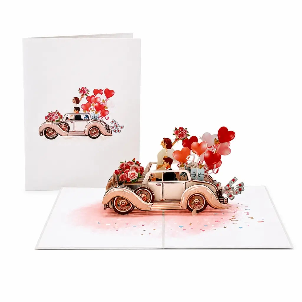 Romantic vintage wedding card with roses and balloons