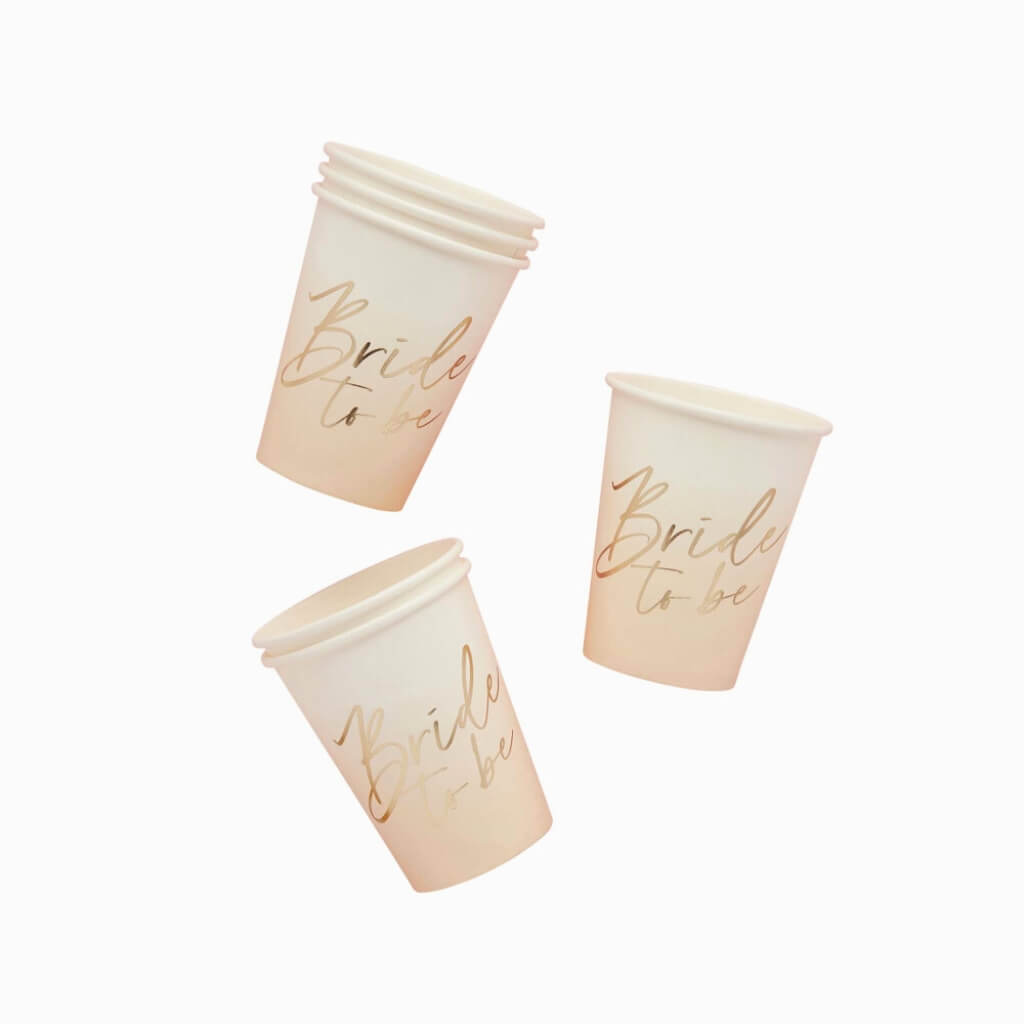Gold ombre Bride to Be paper cups in a pack of 8, 250ml hen party tableware