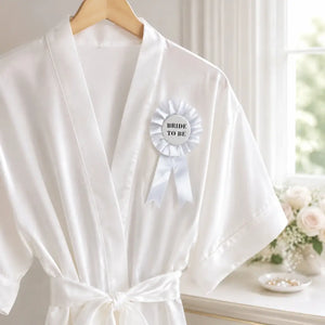 Bride To Be white ribbon badge with elegant pleated rosette