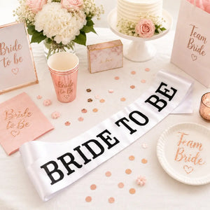 White 'BRIDE TO BE' Sash with Black Print – Elegant Hen Party &amp; Bridal Shower Accessory