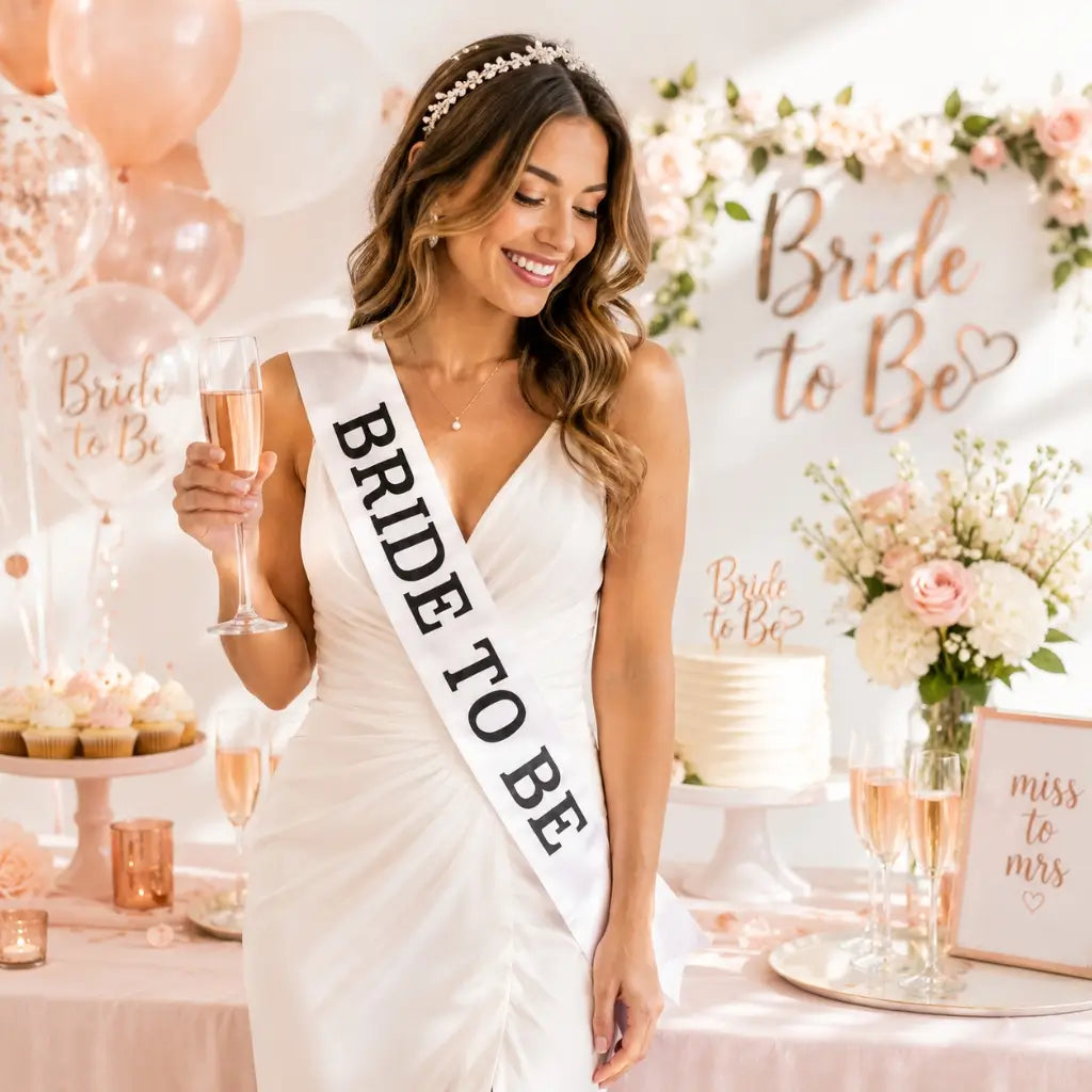 White 'BRIDE TO BE' Sash with Black Print – Elegant Hen Party &amp; Bridal Shower Accessory