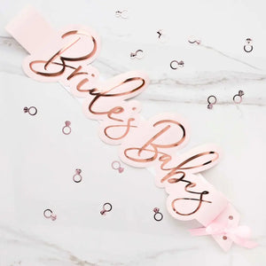 She Said Yaaas Brides Babes blush pink paper sashes with rose-gold foil text