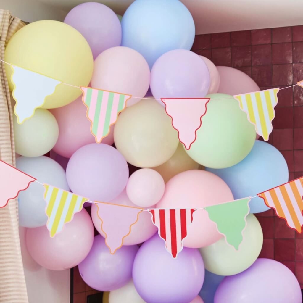 Bright Banquet 4m colourful scallop-edge triangle card bunting for rainbow and birthday party decorations