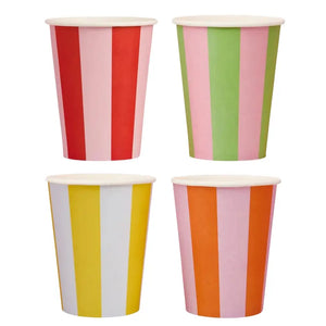 Set of 8 colourful striped 250ml paper cups for carnival and rainbow party themes