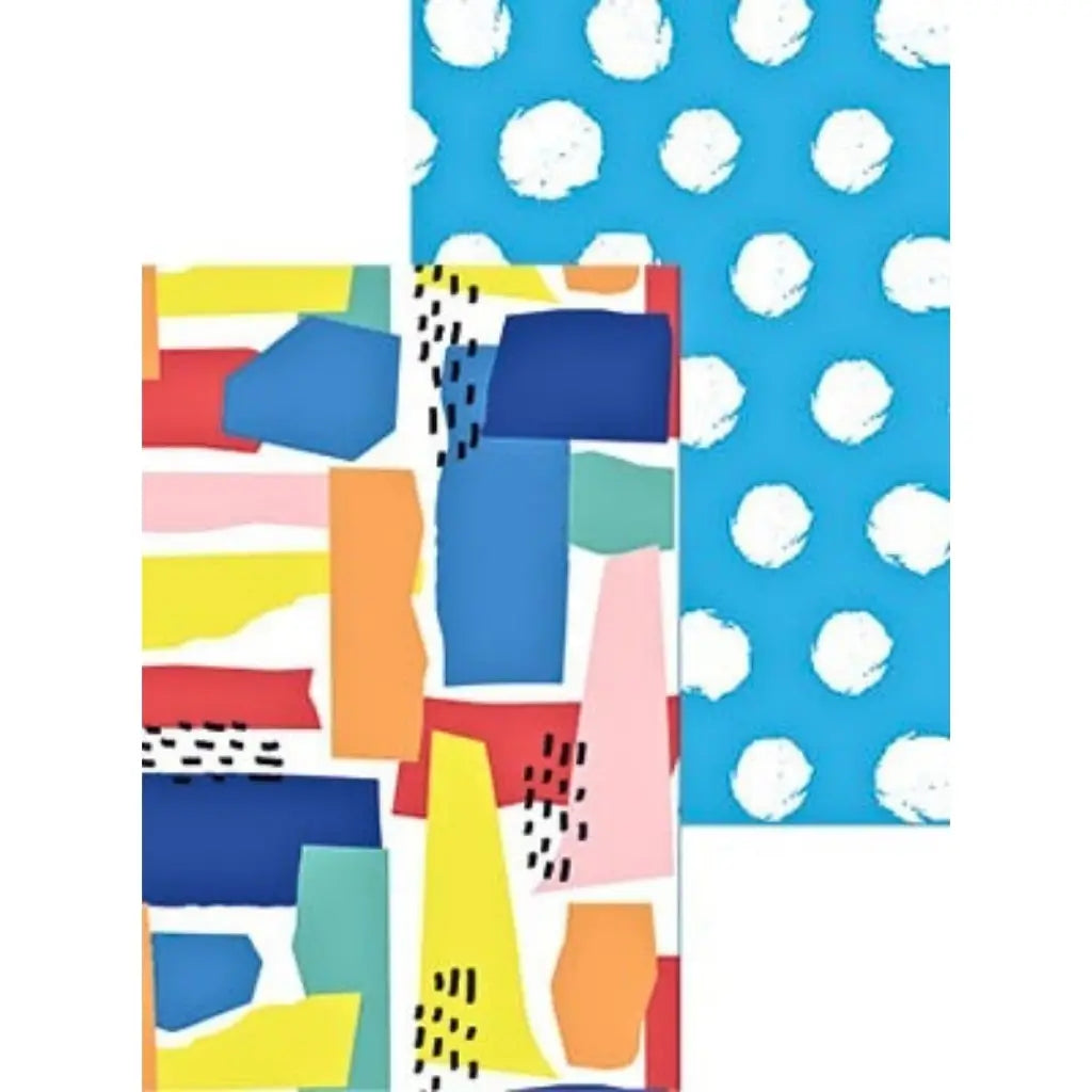 Bright Shapes double-sided gift wrap sheet featuring colourful abstract patterns and blue polka dots, 70cm x 49.5cm
