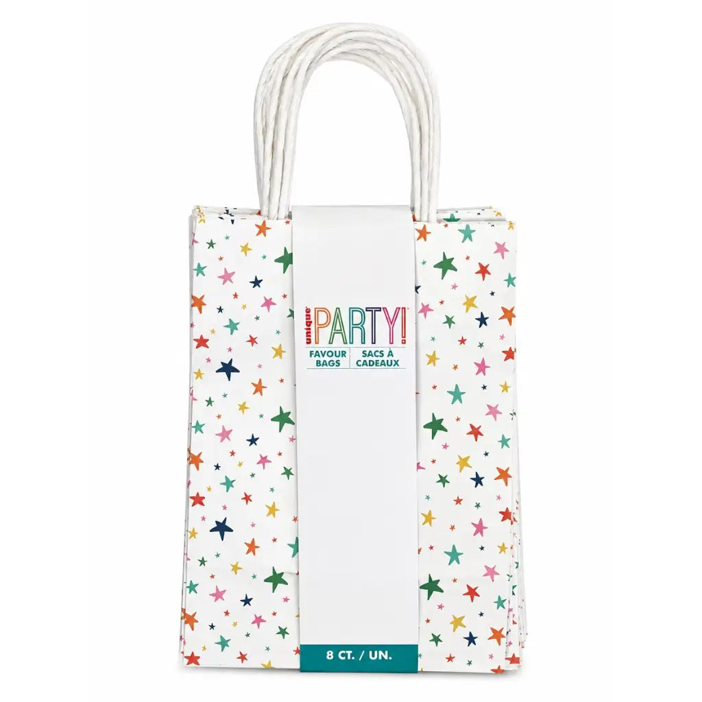 White 18cm paper party bags printed with multicolour stars