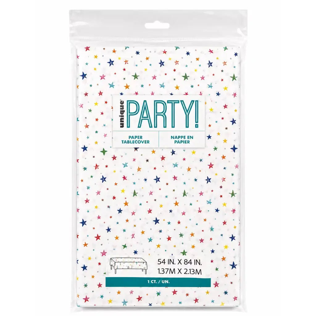White paper party tablecover printed with colourful stars