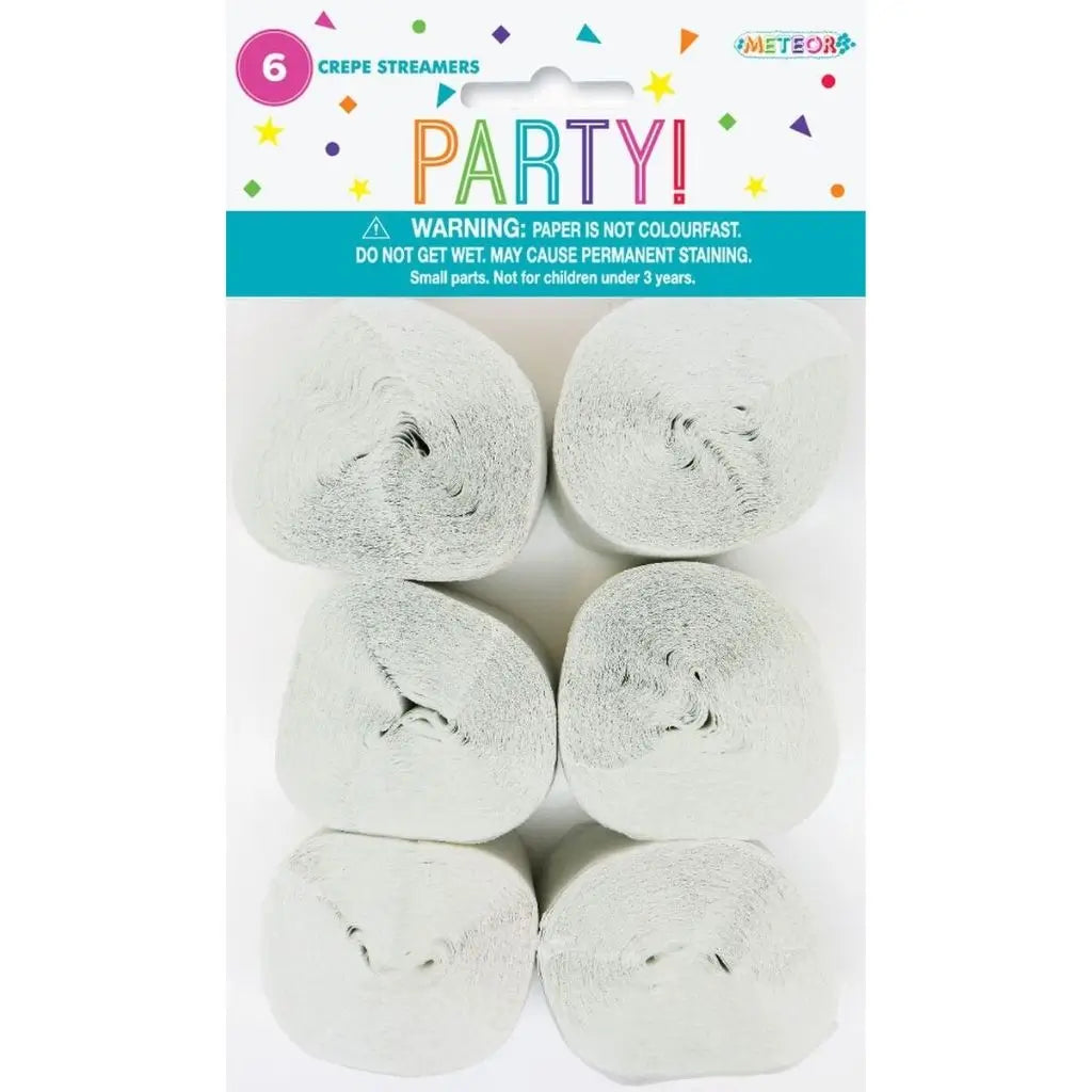 Bright white crepe streamers 6 pack for elegant party décor