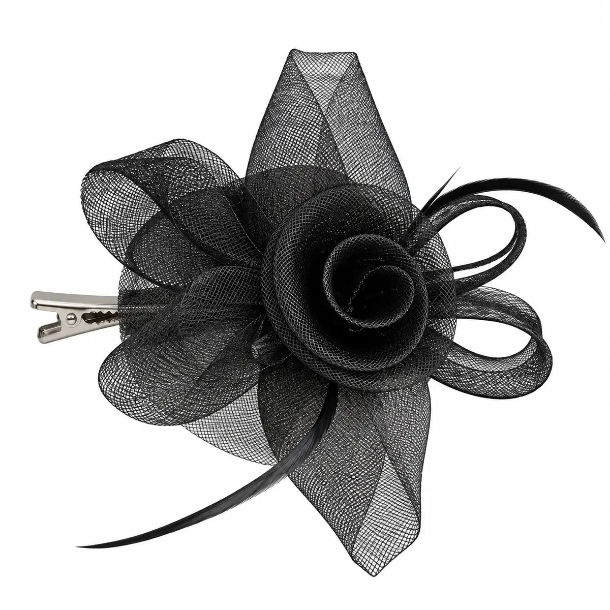 Brooke black mesh rose fascinator hair clip worn with loose waves