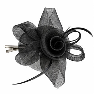 Brooke black mesh rose fascinator hair clip worn with loose waves