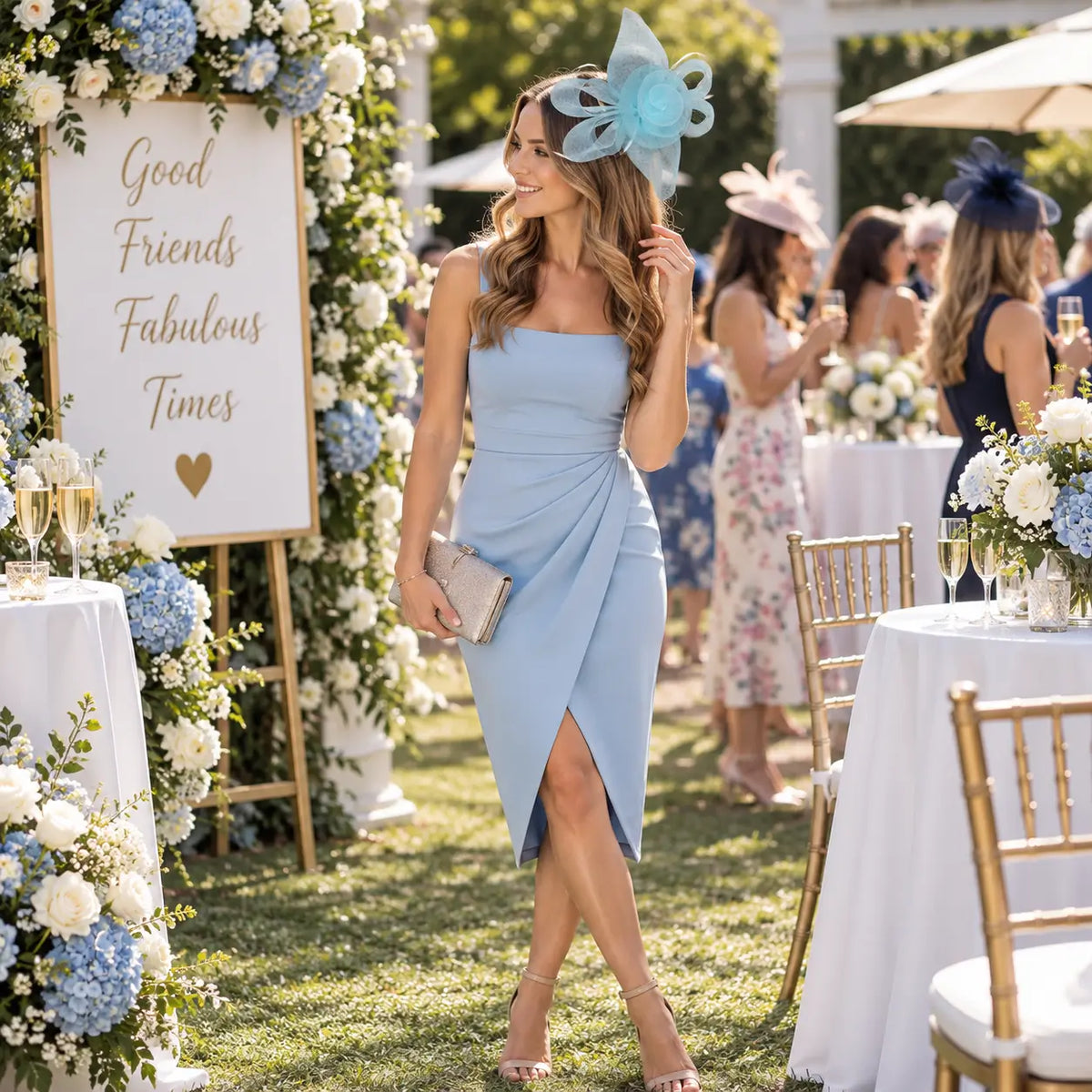 Pale blue flower fascinator with flowing mesh loops for race day