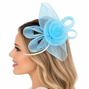 Brooke blue mesh rose hair accessory with curled decorative accents