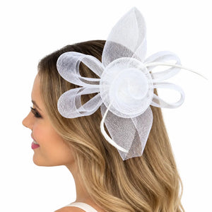 Brooke white bridal hair fascinator with a rolled rose centre
