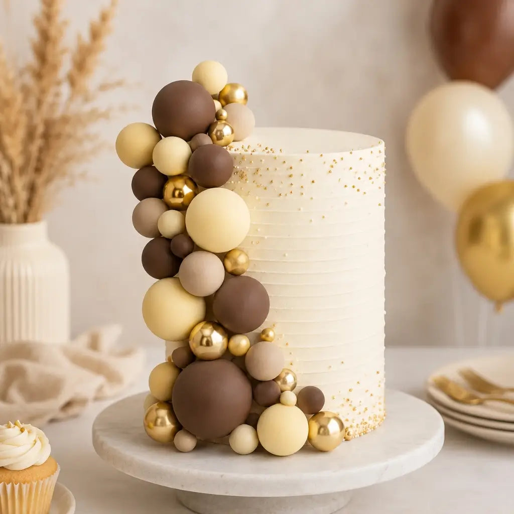 Brown, Cream & Gold Deco Foam Ball Cake Toppers 32pk