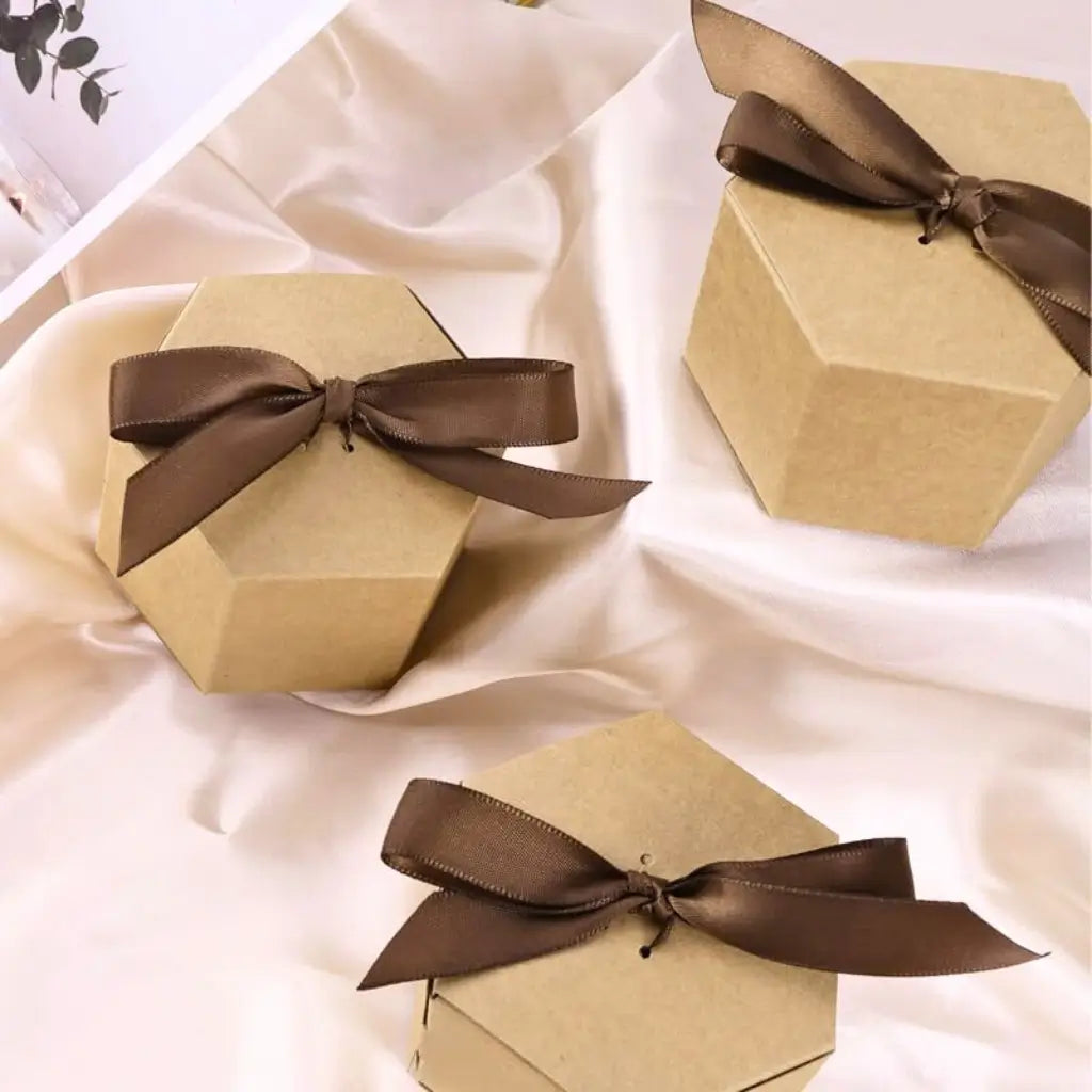 Pack of 10 Hexagon Gift Boxes with Brown Ribbons brown