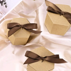 Pack of 10 Hexagon Gift Boxes with Brown Ribbons brown