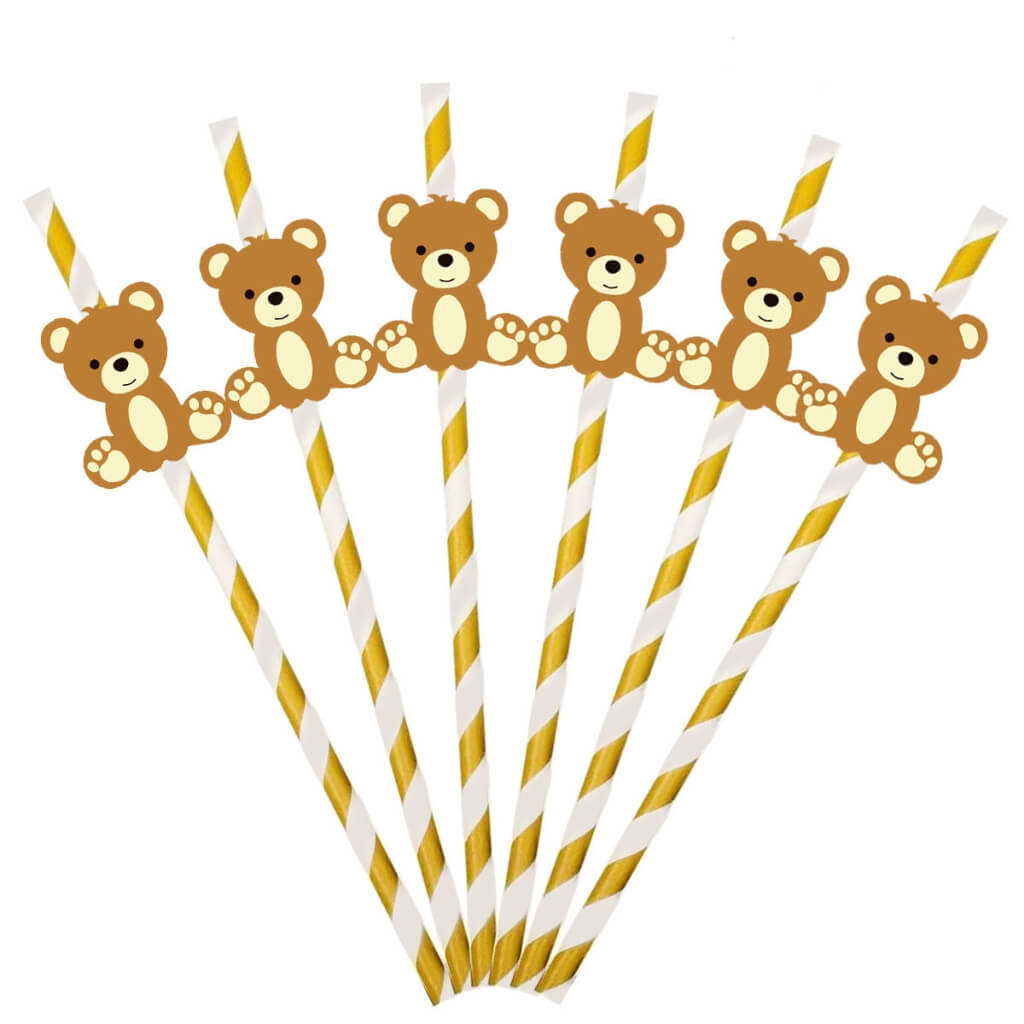 Set of bear-themed paper straws with gold and white striped pattern on a white background