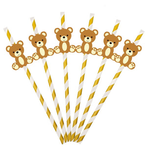Set of bear-themed paper straws with gold and white striped pattern on a white background