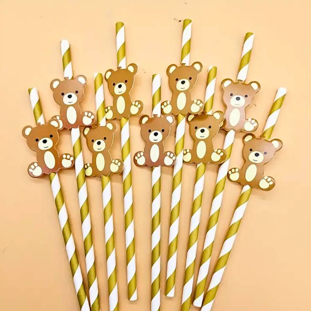 Teddy Bear Paper Party Straws 10pk for woodland animal party