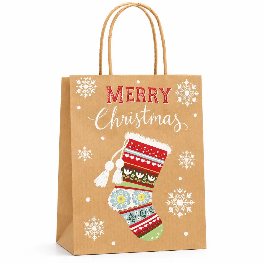 Brown Vintage Christmas Kraft Paper Gift Bag with Handles stocking