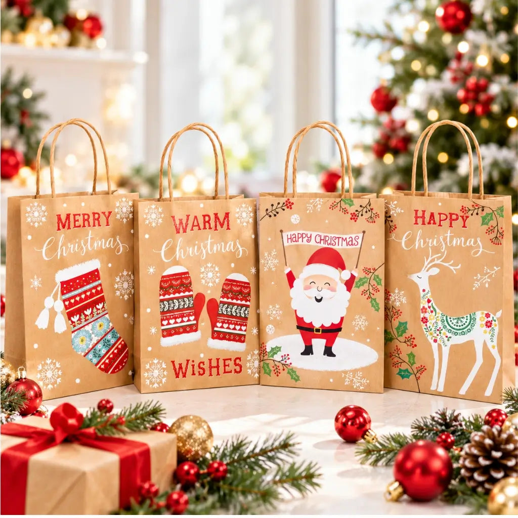 Brown Vintage Christmas Kraft Paper Gift Bag with Handles