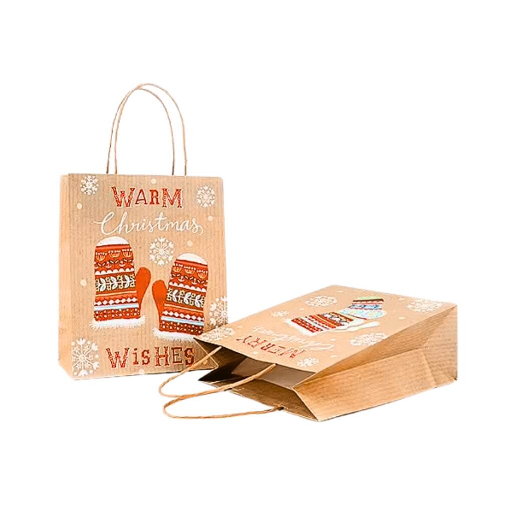 Brown Vintage Christmas Kraft Paper Gift Bag with Handles
