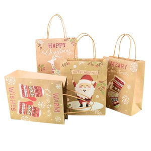 Brown Vintage Christmas Kraft Paper Gift Bag with Handles