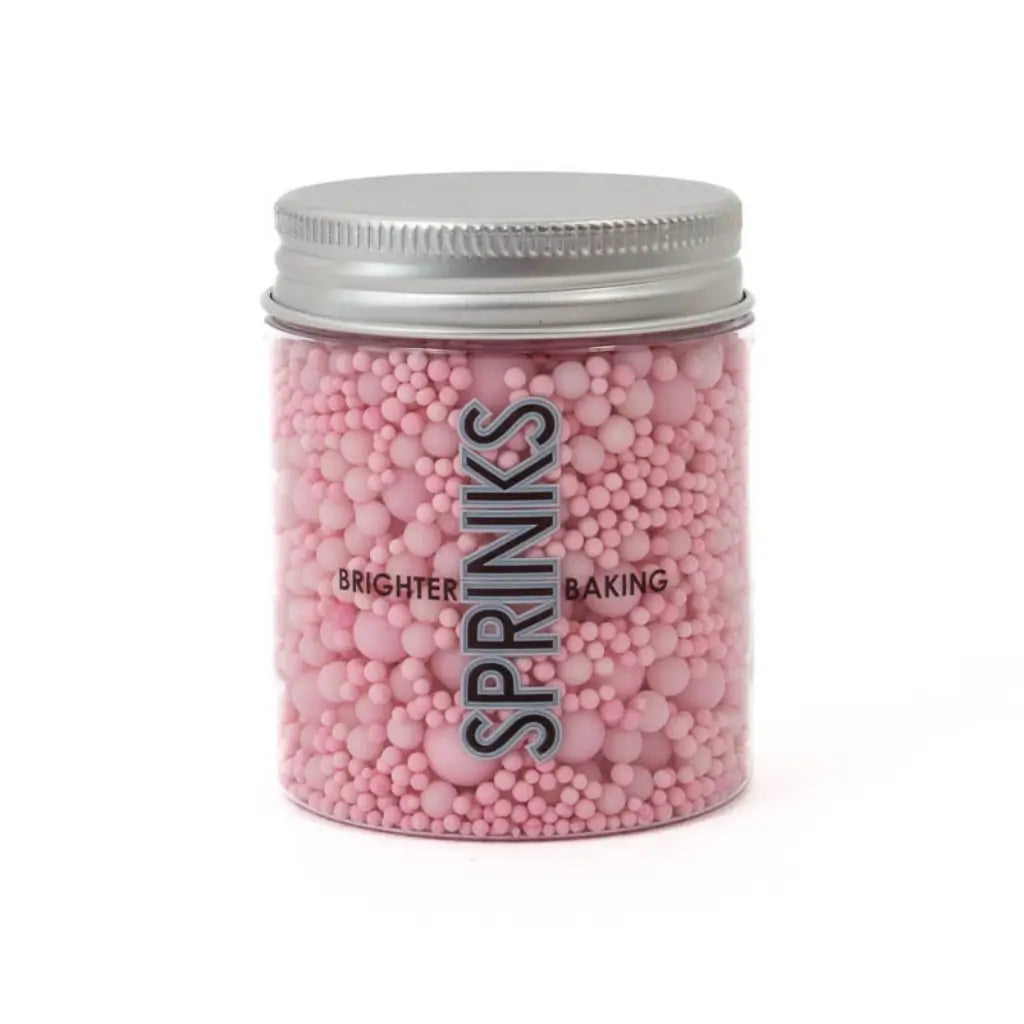 Pastel pink nonpareils and pearls in a 75g jar