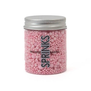 Pastel pink nonpareils and pearls in a 75g jar