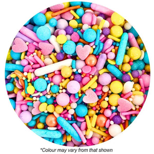 Assorted textures of colourful jimmies and heart sprinkles for cake decorating
