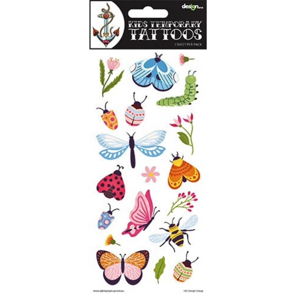 Bugs and butterflies temporary tattoos sheet for kids