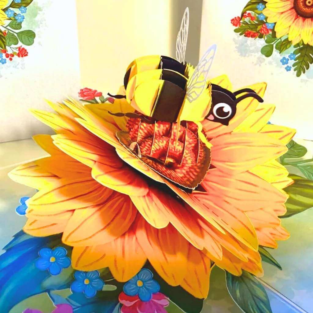 Bumblebee Attracting Sunflowers 3D Pop Up Greeting Card