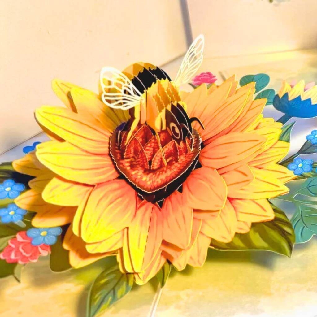 Bumblebee Attracting Sunflowers 3D Pop Up Greeting Card