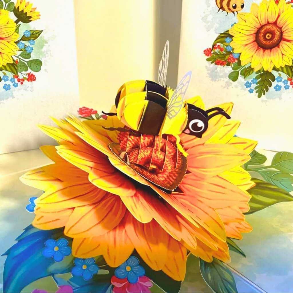 Bumblebee Attracting Sunflowers 3D Pop Up Greeting Card